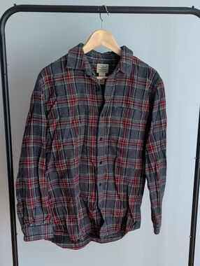 L.L. Bean Men's Charcoal Gray and Red Plaid Button-Down Shirt